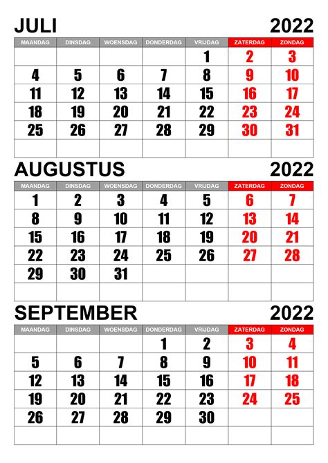 Kalender Juli Augustus September 2022
