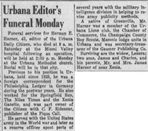 “Urbana Editor’s Funeral Monday,” Herman E. Harner obituary, Dayton