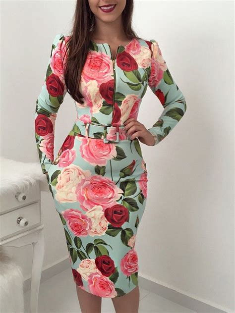 Floral Print Zipper Up Self Belted Bodycon Dress Bodycon Dress Casual Dresses Long Sleeve