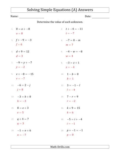 On this page you will find: Solving Simple Linear Equations with Unknown Values Between -9 and 9 and Variables on the Left ...