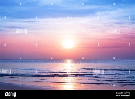 Beautiful Morning Sunrise Blue Sea Pink Sky White Clouds Yellow Sun