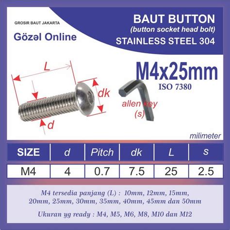 Jual Baut L Button M4 X25mm Pitch 07mm Kunci 25mm Stainless Steel