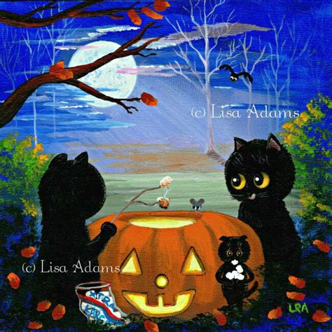 Whimsical Halloween Black Cats Art 6x6 Print Of Painting Giclee
