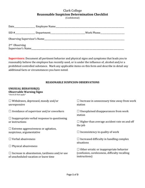 Clark College Reasonable Suspicion Determination Checklist