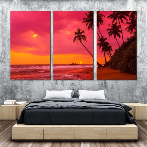 Ocean Landscape Canvas Wall Art Tropical Orange Sunset Ocean 3 Piece