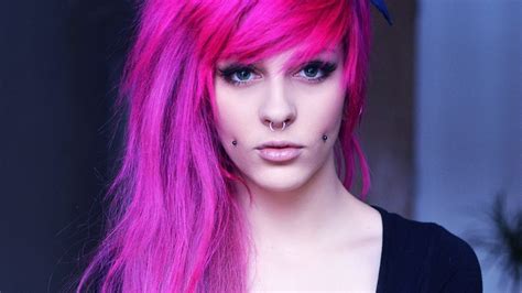 Women Pink Hair Green Eyes Black Clothing Piercing Wallpapers Hd