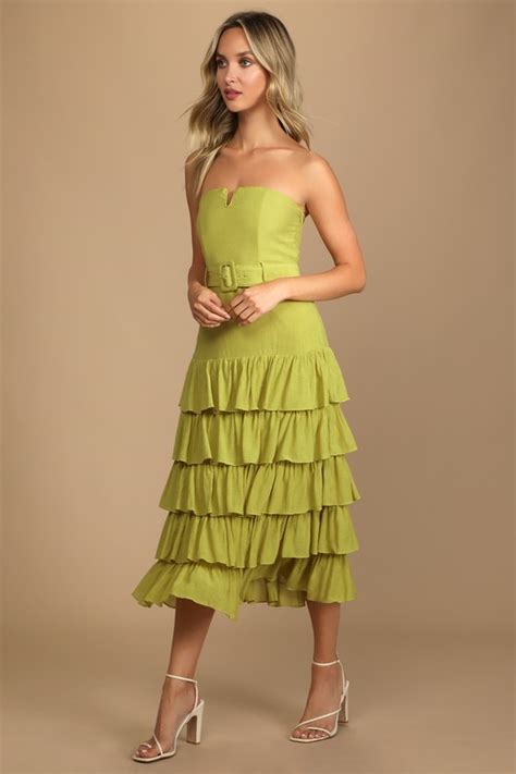 Lime Green Midi Dress Strapless Midi Dress Tiered Midi Dress Lulus
