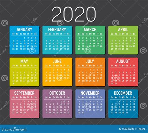 Year 2020 Calendar Vector Template Stock Vector Illustration Of