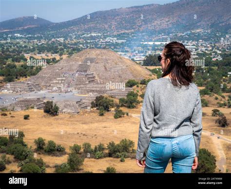 Tourist Looking At View At Teotihuacan Pyramids Near Mexico City