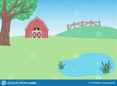 Farm Landscape With Red Barn And Pond Distant View With Hillside And