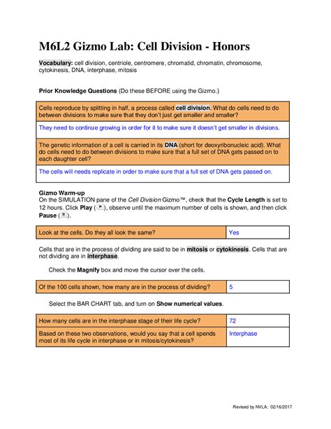 Begin with a single cell and watch as mitosis and cell division occurs. Gizmo Cell Division Answer Key : Gizmo Student Exploration ...