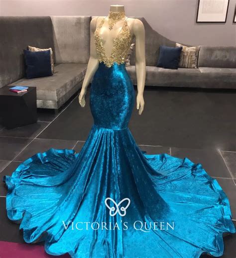 Gold Beading Peacock Blue Velvet Long Train Prom Dress Vq