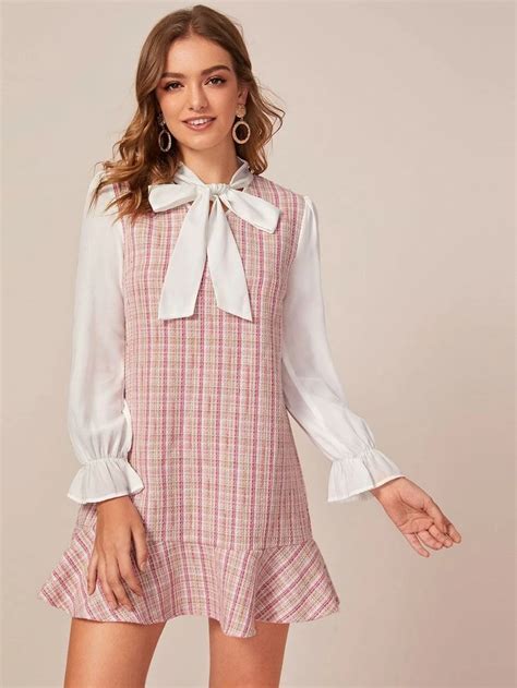Download Tie Neck Ruffle Hem Tweed Dress | SHEIN USA | Tweed dress ...