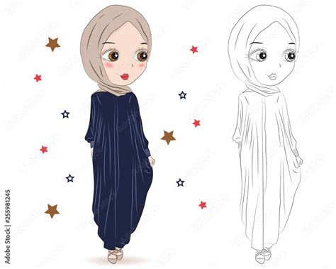 Set Of Hand Drawn Arabic Woman In Hijab On White Background Cartoon