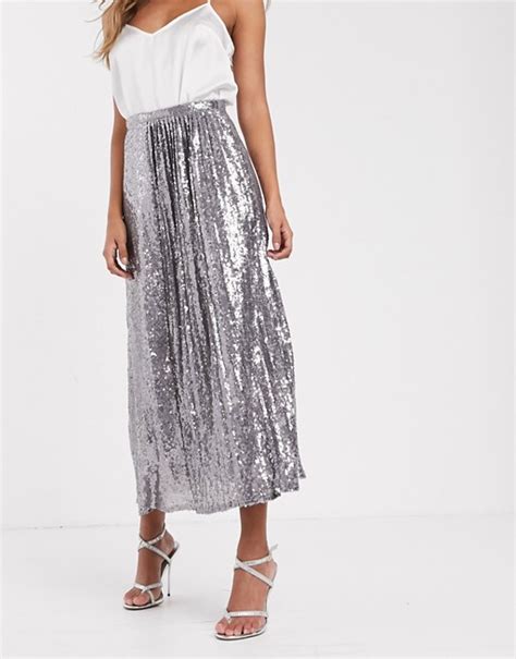 Tfnc Sequin Double Layered Pleat Midi Skirt In Silver Asos Pleated