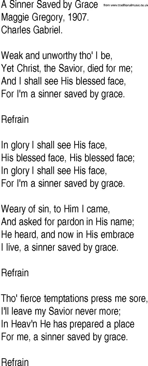 Hymn and Gospel Song Lyrics for A Sinner Saved by Grace by Maggie Gregory