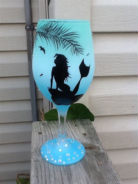 Mermaid Wine Glass Hand Painted Silhouette Embellished With Etsy Painted Wine Glass Hand