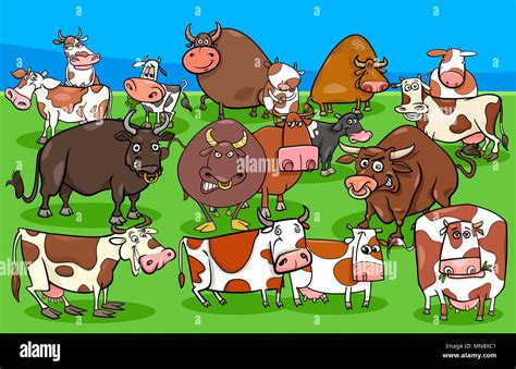 Cartoon Illustration Of Funny Cows And Bulls Farm Animal Characters