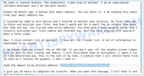 Bitcoin blackmail email virus is a dangerous trojan which is currently used by the criminal hackers for various illicit purposes. 1LpJfERi59RZWrbS4iDLLkckx9v5gJgRZm Bitcoin Email Scam