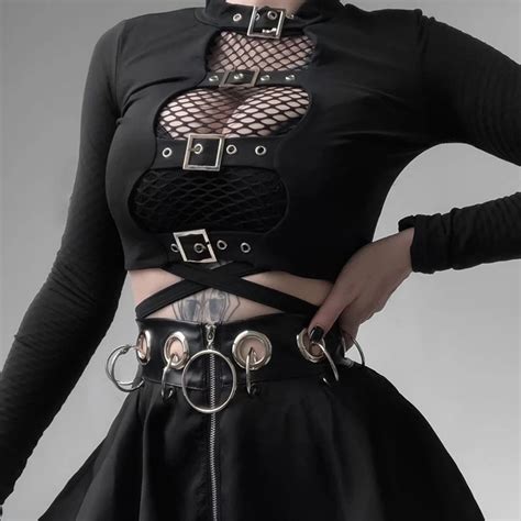 Crop Top With Buckle Long Sleeve Womens Gothic Clothing Punk Black