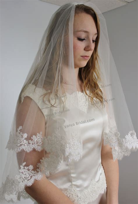 Alencon Lace Veil In Fingertip Length In Two Tier Bridal Lace Veil