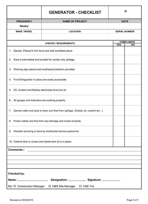 Generator Inspection Checklist Template