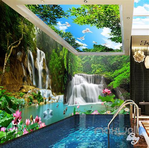 3d Mountain Waterfall Lilypad Lotus Entire Room Wallpaper Wall Mural A