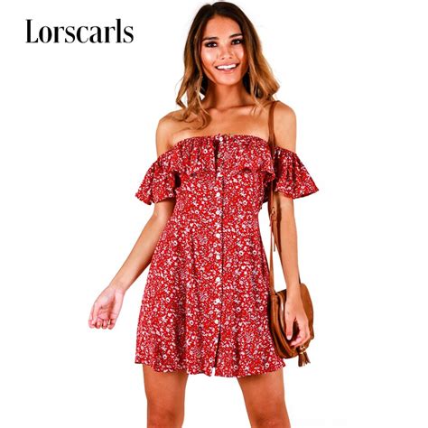 Lorscarls Ruffle Off Shoulder Mini Dress Women Summer Boho Beach Dresses Slash Neck Button Print