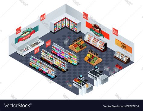 Supermarket Grocery Store In Isometric Royalty Free Vector