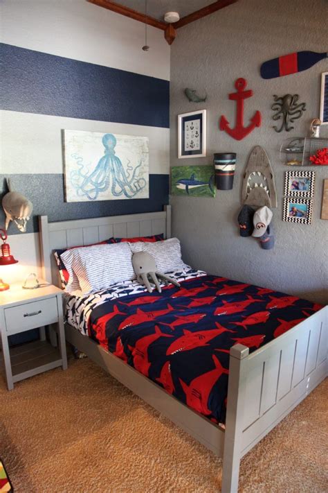 Get started composing room decorations using the color of the walls as well as furniture. Shark Themed Boy's Room in 2019 | Boys bedroom themes, Boy ...