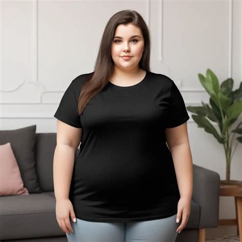 casual black tshirt mockup featuring a cheerful chubby woman in a cozy living room setting muse ai