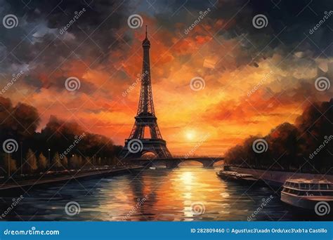 Painting Of A Watercolor Drawing Of The Eiffel Tower Sunset Stock
