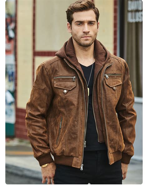 2021 Flavor New Mens Real Leather Jacket With Removable Hood Brown