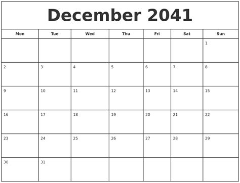 December 2041 Print Free Calendar