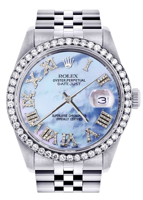 Diamond Rolex Datejust Watch 36mm Blue Mother Of Pearl Roman Numer