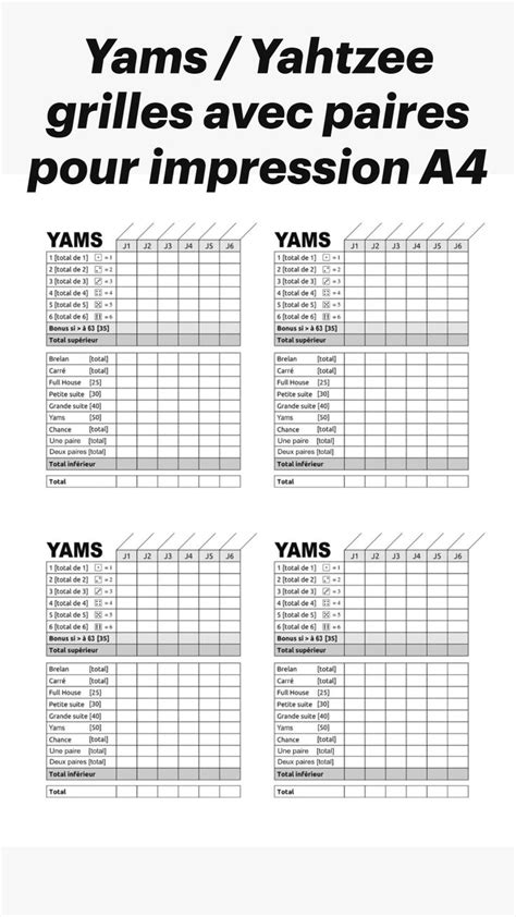 Yams / Yahtzee grilles avec paires pour impression A4 | Yam's