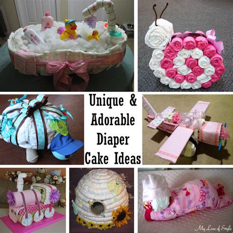 This baby shower cake idea sits on a slice of wood for a platter and is elevated atop a wooden box. Adorable Diaper Cake Ideas - The Keeper of the Cheerios