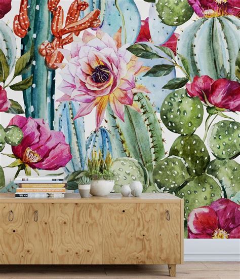 Watercolor Cactus Pink Dahlia Wallpaper Bathroom Decor Mural Etsy