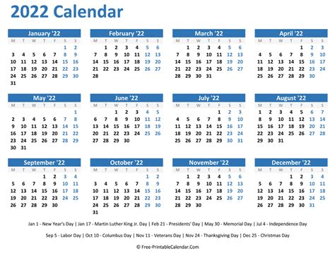 2022 Yearly Calendar With Holidays Horizontal Layout