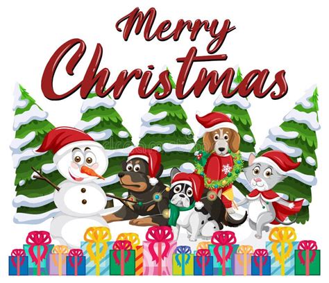Merry Christmas Text Design With Cute Animals Stock Vector