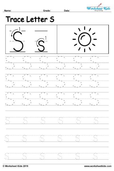 This printable alphabet worksheet helps students practice upper and lowercase letters as well as sounds. Letter S alphabet tracing worksheets - Free printable PDF