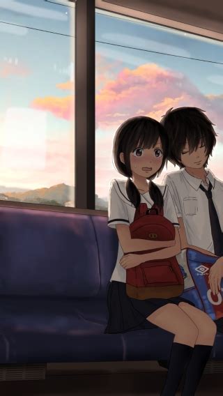 Wallpaper Anime Couple Train Trip Romance School Uniform Shy