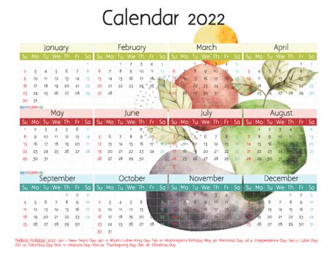 Free Printable 2022 Calendar With Holidays 12 Templates Watercolor