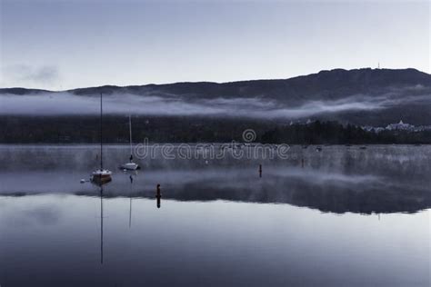 Morning Mist Over A Lake With Boats Stock Image Image Of Forest