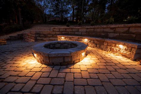Paver Patio With Outdoor Lighted Fire Pit Ecogreen Landscaping