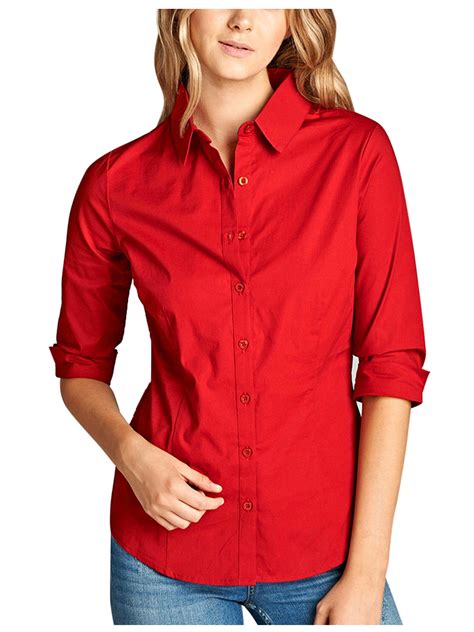 Kogmo Womens Classic Solid Sleeve Button Down Blouse Dress Shirt