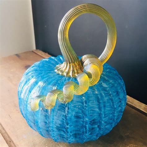 Small Turquoise Hand Blown Glass Pumpkin With Gold Stem Etsy