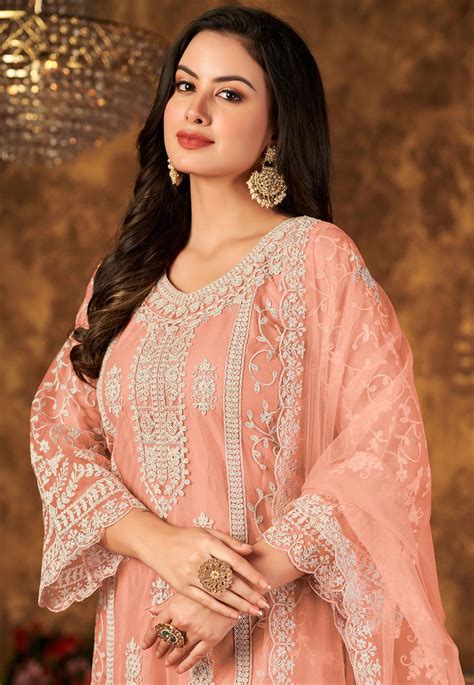 Embroidered Net Pakistani Suit In Peach Kch10115