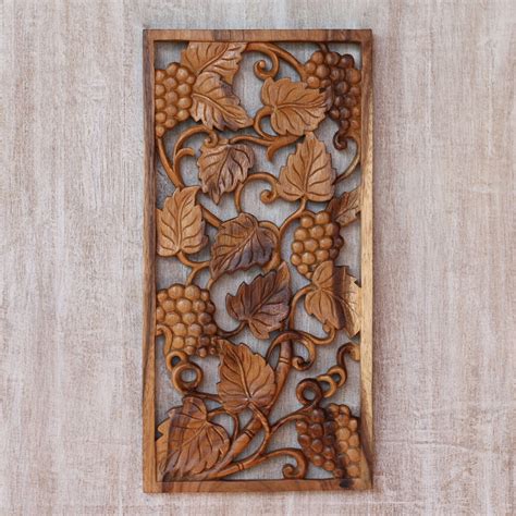 Handmade Suar Wood Grape Vine Wall Relief Panel From Bali Succulent