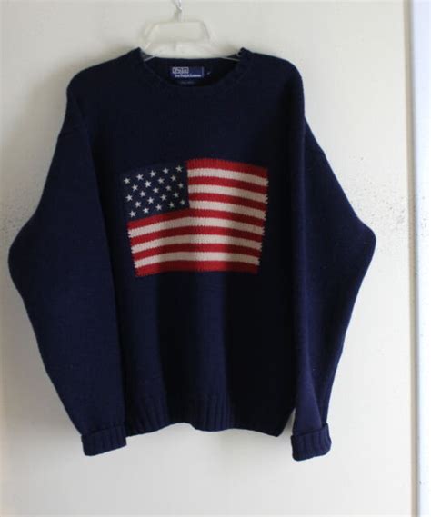 Polo Ralph Lauren Sz L Vintage 100 Wool Flag Iconic Crewneck Sweater Ebay